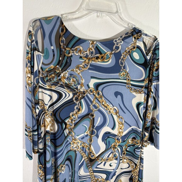 Patchington Women Blue Gold Chain Stretch Asymmetrical Small Open Shoulder Top - Picture 5 of 7